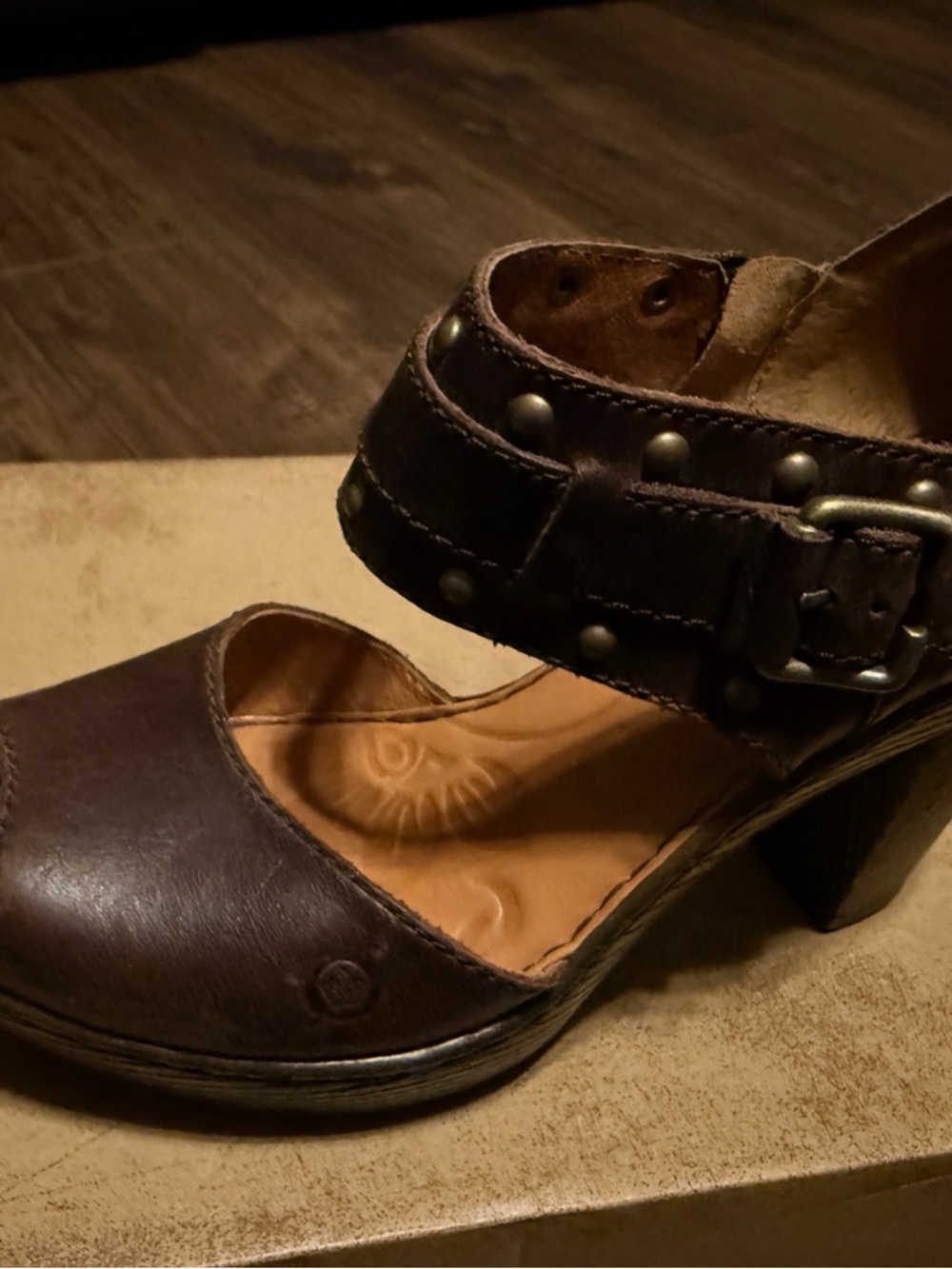 Born Dark Brown Leather Peep-Toe Wedge Sandals with Studded Ankle Strap - Picture 2 of 6